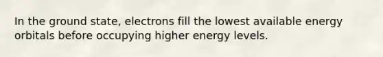 In the ground state, electrons fill the lowest available energy orbitals before occupying higher energy levels.