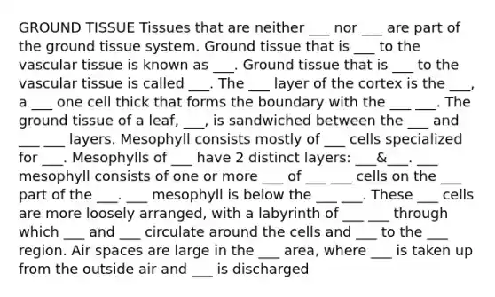 GROUND TISSUE Tissues that are neither ___ nor ___ are part of the ground tissue system. Ground tissue that is ___ to the vascular tissue is known as ___. Ground tissue that is ___ to the vascular tissue is called ___. The ___ layer of the cortex is the ___, a ___ one cell thick that forms the boundary with the ___ ___. The ground tissue of a leaf, ___, is sandwiched between the ___ and ___ ___ layers. Mesophyll consists mostly of ___ cells specialized for ___. Mesophylls of ___ have 2 distinct layers: ___&___. ___ mesophyll consists of one or more ___ of ___ ___ cells on the ___ part of the ___. ___ mesophyll is below the ___ ___. These ___ cells are more loosely arranged, with a labyrinth of ___ ___ through which ___ and ___ circulate around the cells and ___ to the ___ region. Air spaces are large in the ___ area, where ___ is taken up from the outside air and ___ is discharged