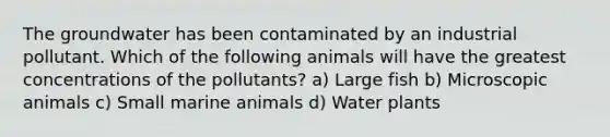 The groundwater has been contaminated by an industrial pollutant. Which of the following animals will have the greatest concentrations of the pollutants? a) Large fish b) Microscopic animals c) Small marine animals d) Water plants