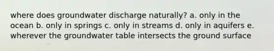 where does groundwater discharge naturally? a. only in the ocean b. only in springs c. only in streams d. only in aquifers e. wherever the groundwater table intersects the ground surface