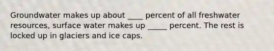 Groundwater makes up about ____ percent of all freshwater resources, surface water makes up _____ percent. The rest is locked up in glaciers and ice caps.