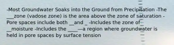 -Most Groundwater Soaks into the Ground from Precipitation -The ___zone (vadose zone) is the area above the zone of saturation -Pore spaces include both __and _ -Includes the zone of __moisture -Includes the ____—a region where groundwater is held in pore spaces by surface tension