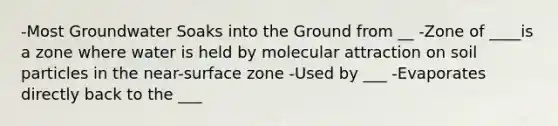 -Most Groundwater Soaks into the Ground from __ -Zone of ____is a zone where water is held by molecular attraction on soil particles in the near-surface zone -Used by ___ -Evaporates directly back to the ___