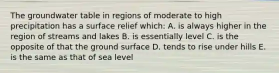 The groundwater table in regions of moderate to high precipitation has a surface relief which: A. is always higher in the region of streams and lakes B. is essentially level C. is the opposite of that the ground surface D. tends to rise under hills E. is the same as that of sea level