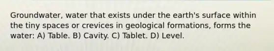 Groundwater, water that exists under the earth's surface within the tiny spaces or crevices in geological formations, forms the water: A) Table. B) Cavity. C) Tablet. D) Level.