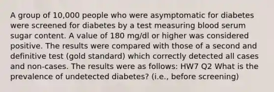 A group of 10,000 people who were asymptomatic for diabetes were screened for diabetes by a test measuring blood serum sugar content. A value of 180 mg/dl or higher was considered positive. The results were compared with those of a second and definitive test (gold standard) which correctly detected all cases and non-cases. The results were as follows: HW7 Q2 What is the prevalence of undetected diabetes? (i.e., before screening)