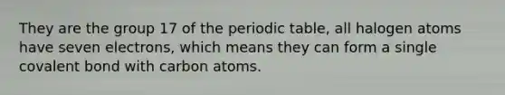 They are the group 17 of the periodic table, all halogen atoms have seven electrons, which means they can form a single covalent bond with carbon atoms.