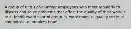 A group of 6 to 12 volunteer employees who meet regularly to discuss and solve problems that affect the quality of their work is a: a. feedforward control group. b. work team. c. quality circle. d. committee. e. problem team.