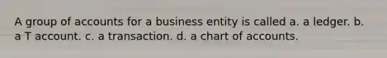 A group of accounts for a business entity is called a. a ledger. b. a T account. c. a transaction. d. a chart of accounts.