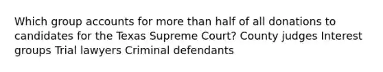 Which group accounts for more than half of all donations to candidates for the Texas Supreme Court? County judges Interest groups Trial lawyers Criminal defendants