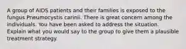 A group of AIDS patients and their families is exposed to the fungus Pneumocystis carinii. There is great concern among the individuals. You have been asked to address the situation. Explain what you would say to the group to give them a plausible treatment strategy.