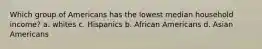 Which group of Americans has the lowest median household income? a. whites c. Hispanics b. African Americans d. Asian Americans