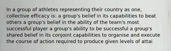 In a group of athletes representing their country as one, collective efficacy is: a group's belief in its capabilities to beat others a group's belief in the ability of the team's most successful player a group's ability to be successful a group's shared belief in its conjoint capabilities to organise and execute the course of action required to produce given levels of attai