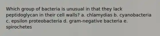 Which group of bacteria is unusual in that they lack peptidoglycan in their cell walls? a. chlamydias b. cyanobacteria c. epsilon proteobacteria d. gram-negative bacteria e. spirochetes