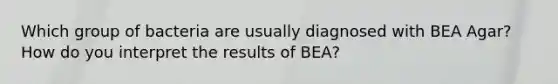 Which group of bacteria are usually diagnosed with BEA Agar? How do you interpret the results of BEA?