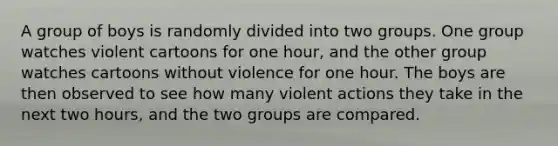 A group of boys is randomly divided into two groups. One group watches violent cartoons for one​ hour, and the other group watches cartoons without violence for one hour. The boys are then observed to see how many violent actions they take in the next two​ hours, and the two groups are compared.