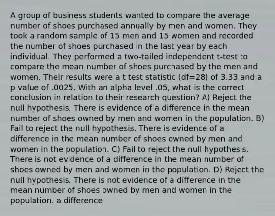 A group of business students wanted to compare the average number of shoes purchased annually by men and women. They took a random sample of 15 men and 15 women and recorded the number of shoes purchased in the last year by each individual. They performed a two-tailed independent t-test to compare the mean number of shoes purchased by the men and women. Their results were a t test statistic (df=28) of 3.33 and a p value of .0025. With an alpha level .05, what is the correct conclusion in relation to their research question? A) Reject the null hypothesis. There is evidence of a difference in the mean number of shoes owned by men and women in the population. B) Fail to reject the null hypothesis. There is evidence of a difference in the mean number of shoes owned by men and women in the population. C) Fail to reject the null hypothesis. There is not evidence of a difference in the mean number of shoes owned by men and women in the population. D) Reject the null hypothesis. There is not evidence of a difference in the mean number of shoes owned by men and women in the population. a difference