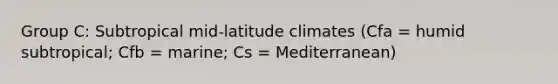 Group C: Subtropical mid-latitude climates (Cfa = humid subtropical; Cfb = marine; Cs = Mediterranean)