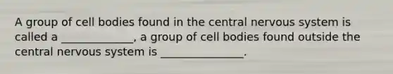 A group of cell bodies found in the central nervous system is called a _____________, a group of cell bodies found outside the central nervous system is _______________.