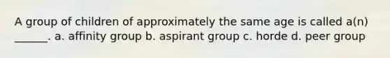 A group of children of approximately the same age is called a(n) ______. a. affinity group b. aspirant group c. horde d. peer group