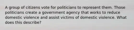 A group of citizens vote for politicians to represent them. Those politicians create a government agency that works to reduce domestic violence and assist victims of domestic violence. What does this describe?