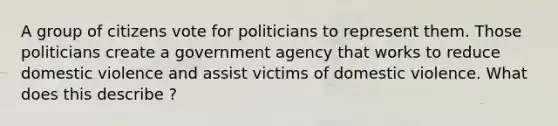 A group of citizens vote for politicians to represent them. Those politicians create a government agency that works to reduce domestic violence and assist victims of domestic violence. What does this describe ?