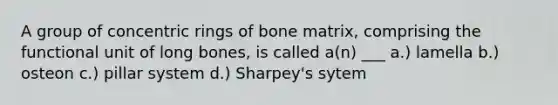 A group of concentric rings of bone matrix, comprising the functional unit of long bones, is called a(n) ___ a.) lamella b.) osteon c.) pillar system d.) Sharpey's sytem