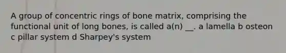 A group of concentric rings of bone matrix, comprising the functional unit of long bones, is called a(n) __. a lamella b osteon c pillar system d Sharpey's system