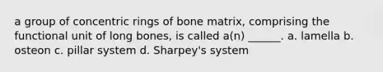 a group of concentric rings of bone matrix, comprising the functional unit of long bones, is called a(n) ______. a. lamella b. osteon c. pillar system d. Sharpey's system