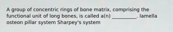 A group of concentric rings of bone matrix, comprising the functional unit of long bones, is called a(n) __________. lamella osteon pillar system Sharpey's system