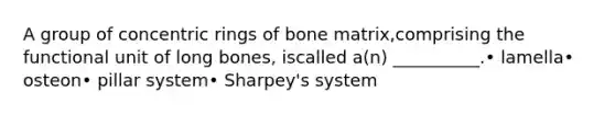 A group of concentric rings of bone matrix,comprising the functional unit of long bones, iscalled a(n) __________.• lamella• osteon• pillar system• Sharpey's system