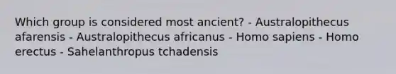 Which group is considered most ancient? - Australopithecus afarensis - Australopithecus africanus - Homo sapiens - Homo erectus - Sahelanthropus tchadensis