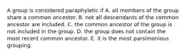 A group is considered paraphyletic if A. all members of the group share a common ancestor. B. not all descendants of the common ancestor are included. C. the common ancestor of the group is not included in the group. D. the group does not contain the most recent common ancestor. E. it is the most parsimonious grouping.