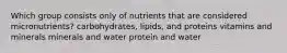 Which group consists only of nutrients that are considered micronutrients? carbohydrates, lipids, and proteins vitamins and minerals minerals and water protein and water