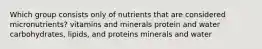 Which group consists only of nutrients that are considered micronutrients? vitamins and minerals protein and water carbohydrates, lipids, and proteins minerals and water