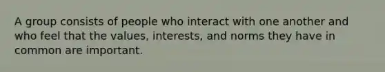 A group consists of people who interact with one another and who feel that the values, interests, and norms they have in common are important.