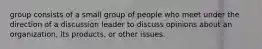 group consists of a small group of people who meet under the direction of a discussion leader to discuss opinions about an organization, its products, or other issues.