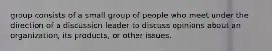 group consists of a small group of people who meet under the direction of a discussion leader to discuss opinions about an organization, its products, or other issues.