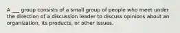 A ___ group consists of a small group of people who meet under the direction of a discussion leader to discuss opinions about an organization, its products, or other issues.