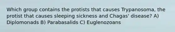 Which group contains the protists that causes Trypanosoma, the protist that causes sleeping sickness and Chagas' disease? A) Diplomonads B) Parabasalids C) Euglenozoans