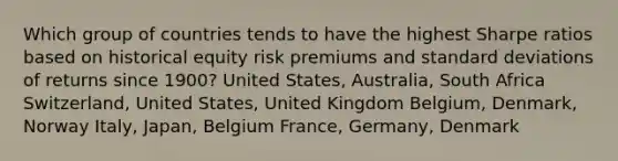 Which group of countries tends to have the highest Sharpe ratios based on historical equity risk premiums and standard deviations of returns since 1900? United States, Australia, South Africa Switzerland, United States, United Kingdom Belgium, Denmark, Norway Italy, Japan, Belgium France, Germany, Denmark