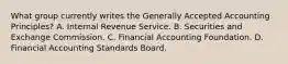 What group currently writes the Generally Accepted Accounting Principles? A. Internal Revenue Service. B. Securities and Exchange Commission. C. Financial Accounting Foundation. D. Financial Accounting Standards Board.