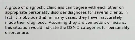 A group of diagnostic clinicians can't agree with each other on appropriate personality disorder diagnoses for several clients. In fact, it is obvious that, in many cases, they have inaccurately made their diagnoses. Assuming they are competent clinicians, this situation would indicate the DSM-5 categories for personality disorder are: