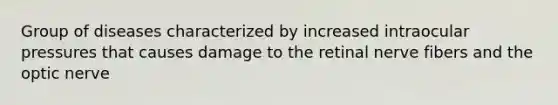 Group of diseases characterized by increased intraocular pressures that causes damage to the retinal nerve fibers and the optic nerve