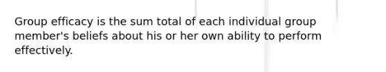 Group efficacy is the sum total of each individual group member's beliefs about his or her own ability to perform effectively.