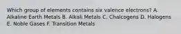 Which group of elements contains six valence electrons? A. Alkaline Earth Metals B. Alkali Metals C. Chalcogens D. Halogens E. Noble Gases F. Transition Metals