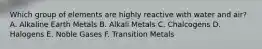 Which group of elements are highly reactive with water and air? A. Alkaline Earth Metals B. Alkali Metals C. Chalcogens D. Halogens E. Noble Gases F. Transition Metals