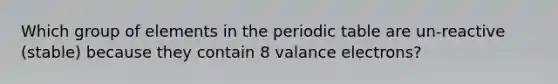 Which group of elements in the periodic table are un-reactive (stable) because they contain 8 valance electrons?