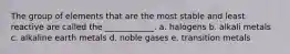 The group of elements that are the most stable and least reactive are called the ____________. a. halogens b. alkali metals c. alkaline earth metals d. noble gases e. transition metals