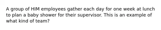 A group of HIM employees gather each day for one week at lunch to plan a baby shower for their supervisor. This is an example of what kind of team?